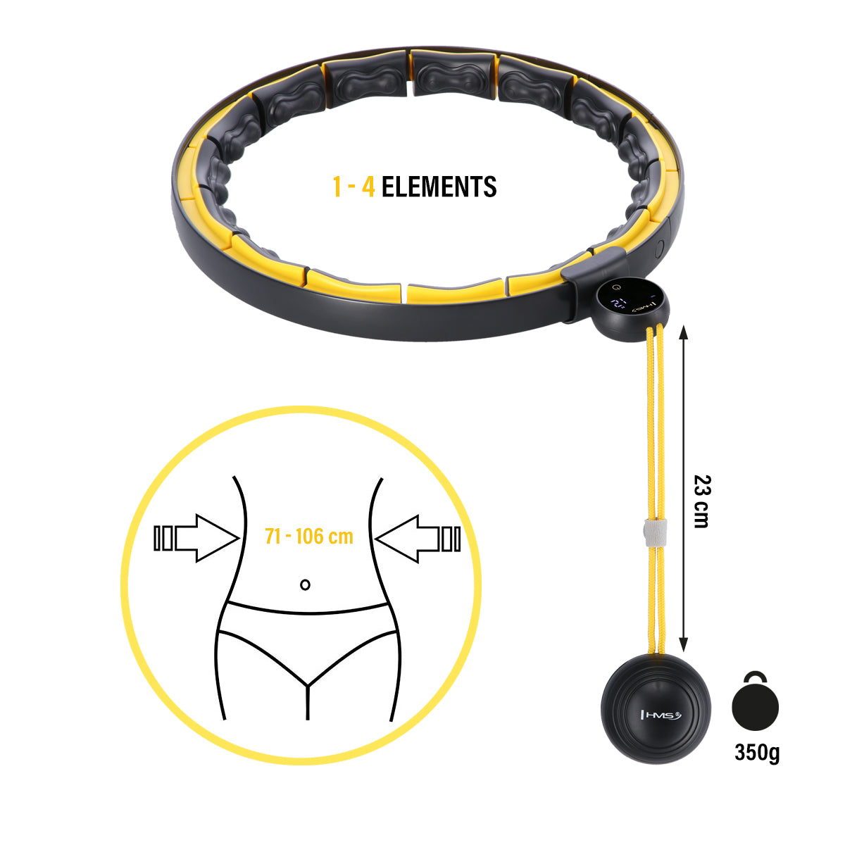 Hula hop black/yellow z magnesami, wypustkami tpe i obciążnikiem + licznik HHM21 Hms