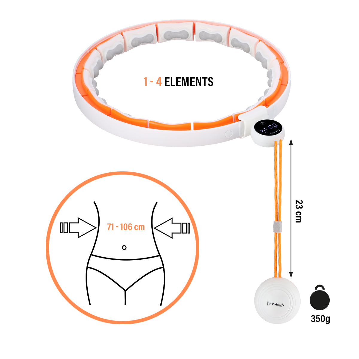 Hula hop white/orange z magnesami, wypustkami tpe i obciążnikiem + licznik HHM21 Hms
