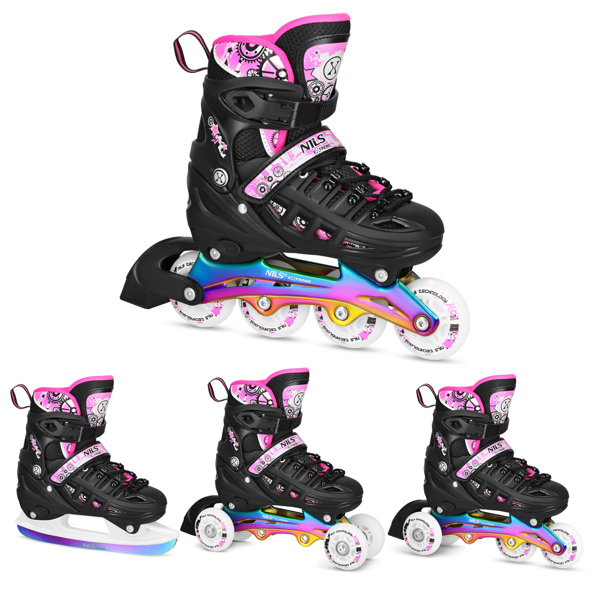 NH10905 4w1 ŁYŻWOROLKI LED RÓŻOWE Z WYM. PŁOZĄ HOKEJOWĄ RAINBOW ROZM. L(39-42) NILS EXTREME