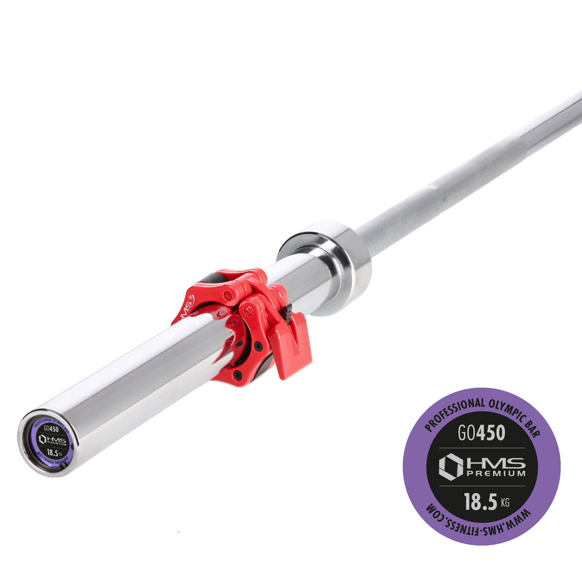(+ zg1000r) gryf olimpijski 18.5kg 2200mm hms z zaciskami lock jaw red GO450 Hms Premium