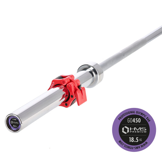 (+ zg1000r) gryf olimpijski 18.5kg 2200mm hms z zaciskami lock jaw red GO450 Hms Premium
