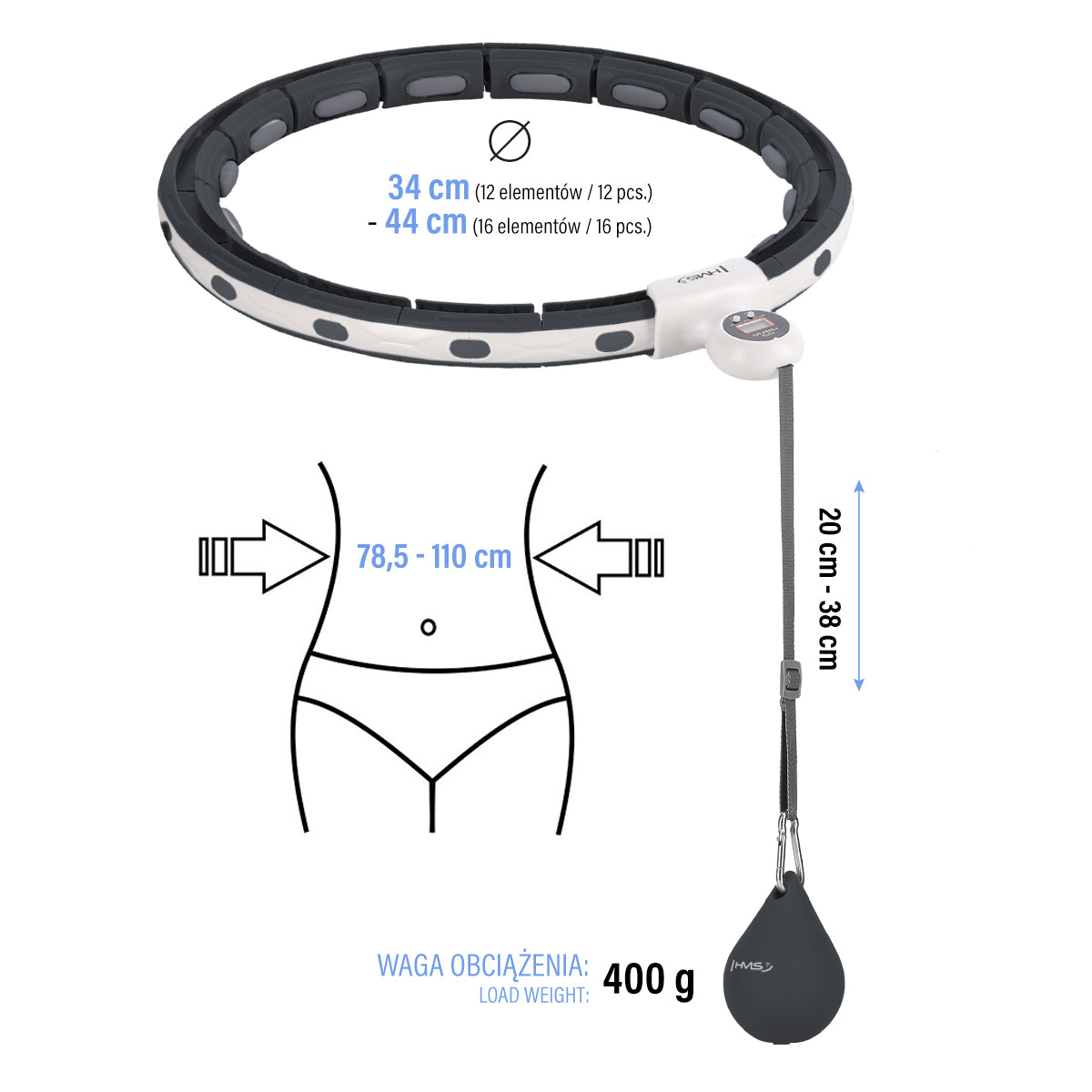 Hula hop black z magnesem i obciążnikiem + licznik HHM15 Hms