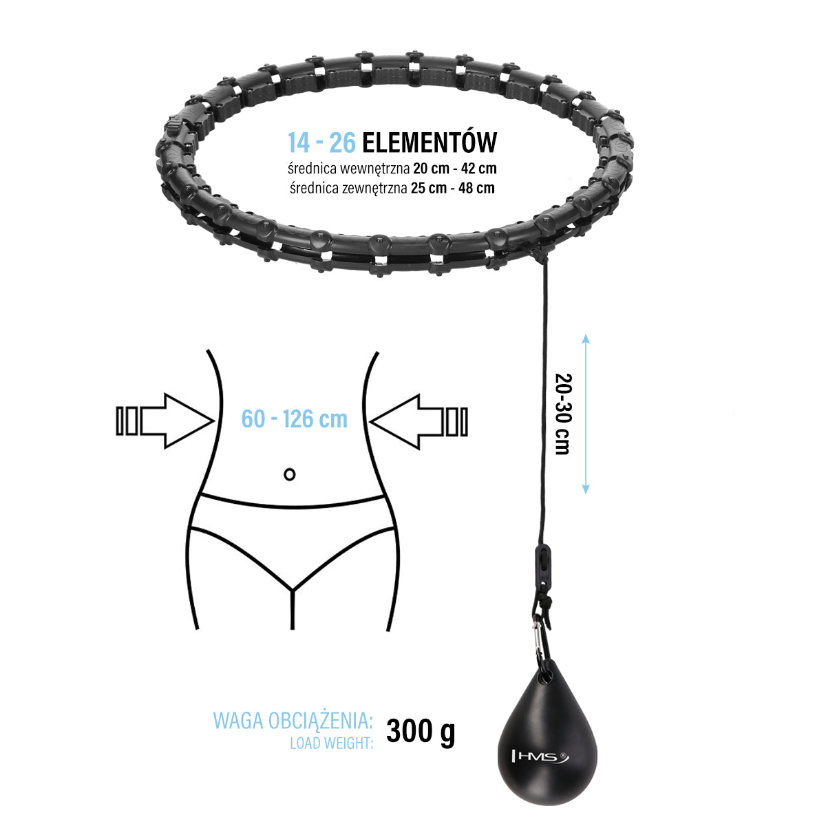 Plus size hula hop black z wypustkami i obciążnikiem HHW11 Hms